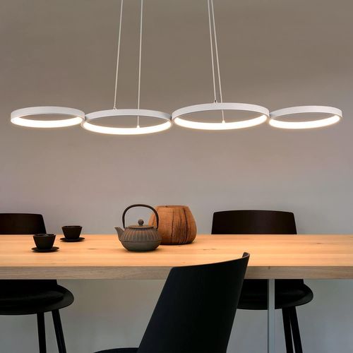 Suspension LED Blanc Moderne Diam.88cm 4 Anneaux Design Métal Dimmable Avec Télécommande