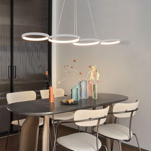 Suspension LED Blanc Moderne Diam.88cm 4 Anneaux Design Métal Dimmable Avec Télécommande