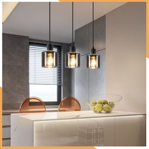 Suspension Verre Noir Diam.68 Cm E27 Vintage 3 Ampoules Lampe De Salle à Manger