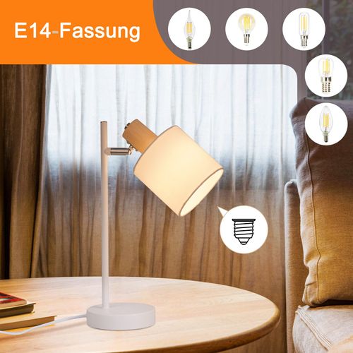 Lampe De Chevet Bois Vintage 35.5cm E14 Blanc Abat-jour Tissu Avec Interrupteur Orientable
