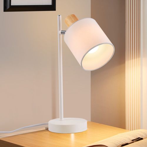 Lampe De Chevet Bois Vintage 35.5cm E14 Blanc Abat-jour Tissu Avec Interrupteur Orientable