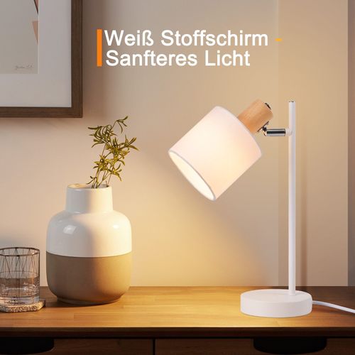 Lampe De Chevet Bois Vintage 35.5cm E14 Blanc Abat-jour Tissu Avec Interrupteur Orientable