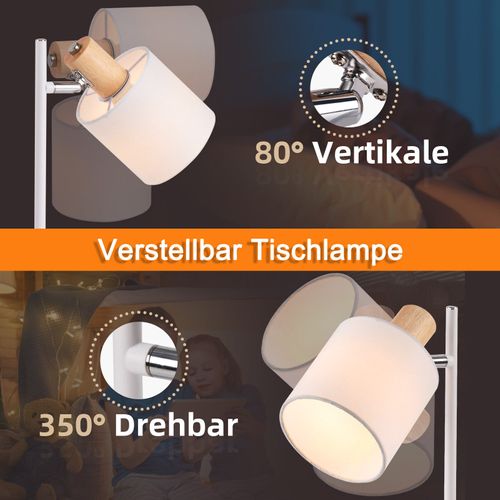 Lampe De Chevet Bois Vintage 35.5cm E14 Blanc Abat-jour Tissu Avec Interrupteur Orientable