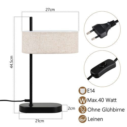 Lampe De Chevet Chambre Lampe De Table Vintage - 44,5cm E14 Lin Noir Avec Interrupteur Rétro