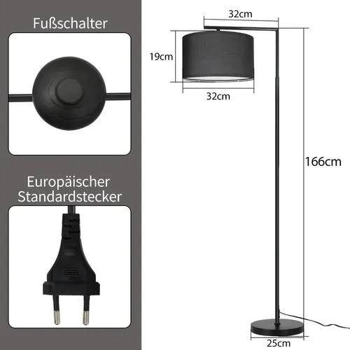 Lampadaire Salon Noir Tissu Douille E27 Max 40w Avec Interrupteur Au Pied Lampe De Lit 166cm