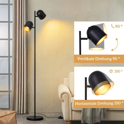 Lampadaire 2 Ampoules Noir Doré Métal E14 Rétro Industriel Lampadaire