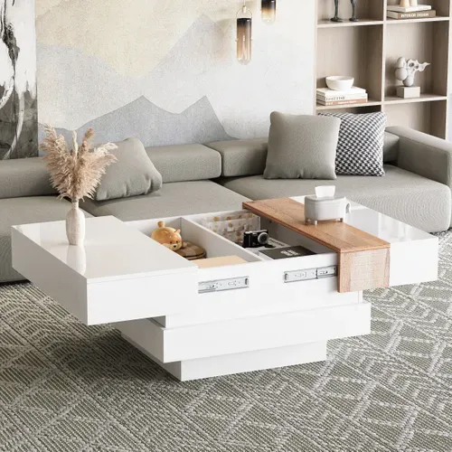Table Basse Carré Moderne 70x70x39cm Compartiment Caché Porte Coulissante Table Canapé Bois Blanc