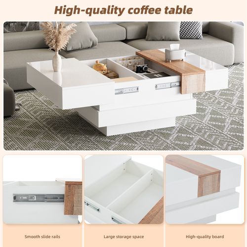 Table Basse Carré Moderne 70x70x39cm Compartiment Caché Porte Coulissante Table Canapé Bois Blanc