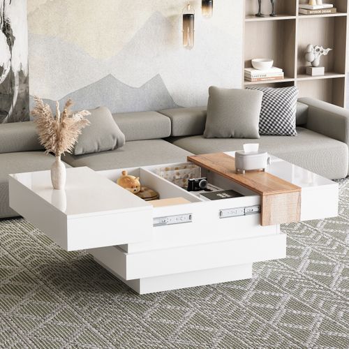 Table Basse Carré Moderne 70x70x39cm Compartiment Caché Porte Coulissante Table Canapé Bois Blanc