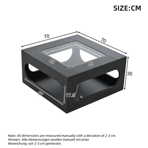 Table Basse Verre Carré 70x70x35cm LED Compartiment Rangement Central Table Canapé Mdf Noir Brillant