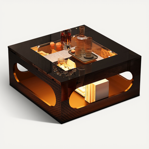 Table Basse Verre Carré 70x70x35cm LED Compartiment Rangement Central Table Canapé Mdf Noir Brillant