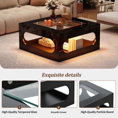 Table Basse Verre Carré 70x70x35cm LED Compartiment Rangement Central Table Canapé Mdf Noir Brillant