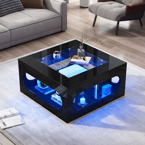 Table Basse Verre Carré 70x70x35cm LED Compartiment Rangement Central Table Canapé Mdf Noir Brillant