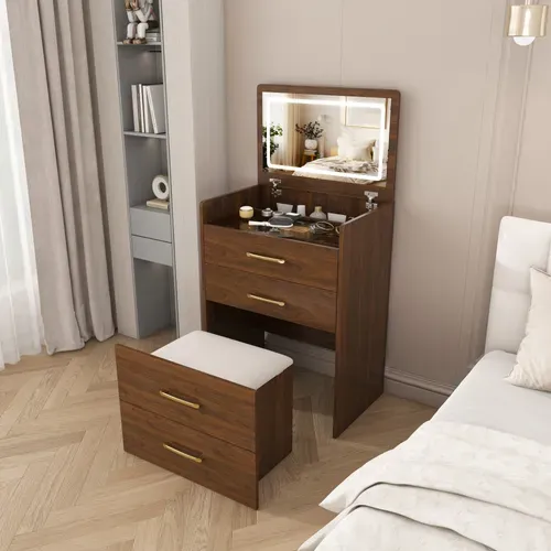 Coiffeuse Chambre 3 En 1 Miroir 60x40x118cm Table Maquillage Moderne Petit 3 Tiroirs 1 Banc Noyer