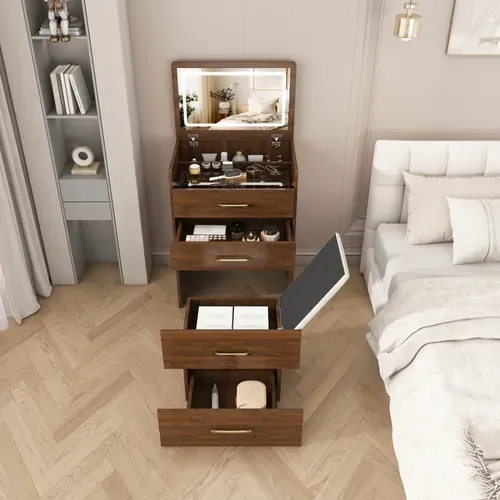 Coiffeuse Chambre 3 En 1 Miroir 60x40x118cm Table Maquillage Moderne Petit 3 Tiroirs 1 Banc Noyer