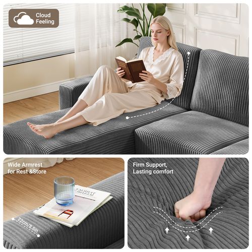 Canapé D'angle Compressé Modulable 254x160x87 Cm - Velours Côtelé - Gris