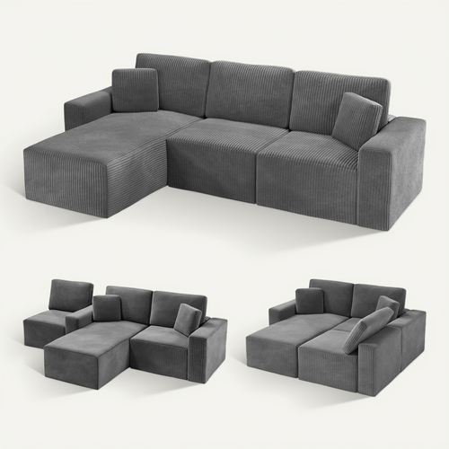 Canapé D'angle Compressé Modulable 254x160x87 Cm - Velours Côtelé - Gris