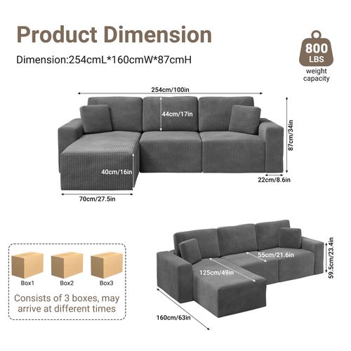 Canapé D'angle Compressé Modulable 254x160x87 Cm - Velours Côtelé - Gris