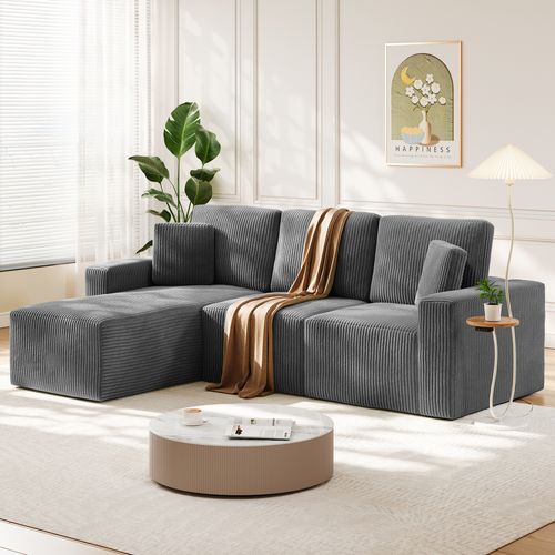 Canapé D'angle Compressé Modulable 254x160x87 Cm - Velours Côtelé - Gris