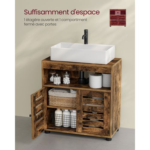 Meuble Sous Vasque, 60 X 30 X 64 Cm, Avec 2 Portes Persiennes, Brun Rustique