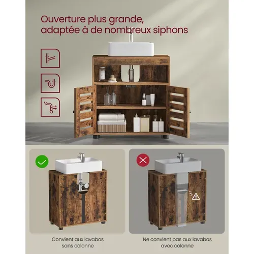 Meuble Sous Vasque, 60 X 30 X 64 Cm, Avec 2 Portes Persiennes, Brun Rustique