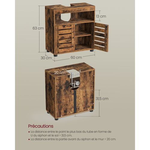 Meuble Sous Vasque, 60 X 30 X 64 Cm, Avec 2 Portes Persiennes, Brun Rustique