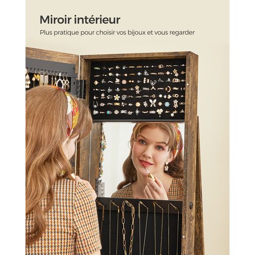Armoire à Bijoux Pivotante à 360°, Avec Grand Miroir Psyché, Organisateur De Bijoux Marron Rustique