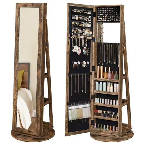 Armoire à Bijoux Pivotante à 360°, Avec Grand Miroir Psyché, Organisateur De Bijoux Marron Rustique