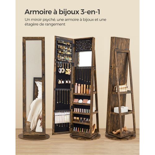 Armoire à Bijoux Pivotante à 360°, Avec Grand Miroir Psyché, Organisateur De Bijoux Marron Rustique
