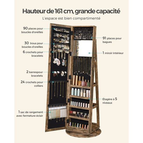 Armoire à Bijoux Pivotante à 360°, Avec Grand Miroir Psyché, Organisateur De Bijoux Marron Rustique