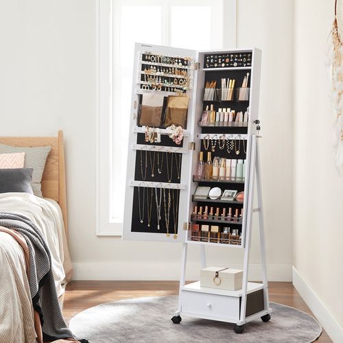 Miroir Sur Pied Avec Rangement, Armoire à Bijoux, Psyche Miroir, Verouillable, Avec Tiroir, Blanc