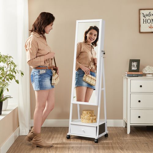 Miroir Sur Pied Avec Rangement, Armoire à Bijoux, Psyche Miroir, Verouillable, Avec Tiroir, Blanc