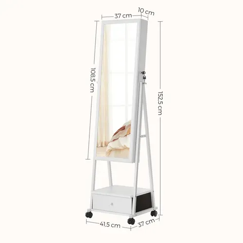 Miroir Sur Pied Avec Rangement, Armoire à Bijoux, Psyche Miroir, Verouillable, Avec Tiroir, Blanc