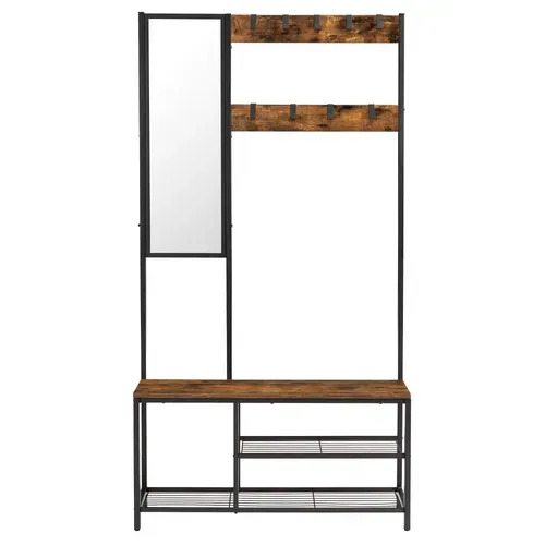 Vestiaire Meuble D'entrée Avec Crochets, Miroir, Et Banc - Style Industriel