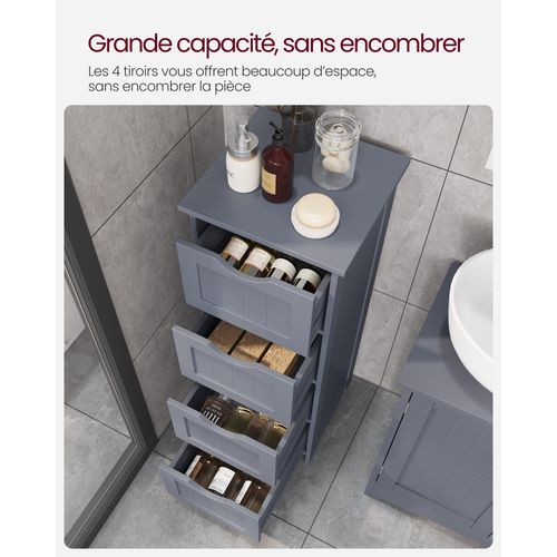 Armoire De Salle De Bain Avec 4 Tiroirs, Commode, 30 X 30 X 82 Cm, Gris