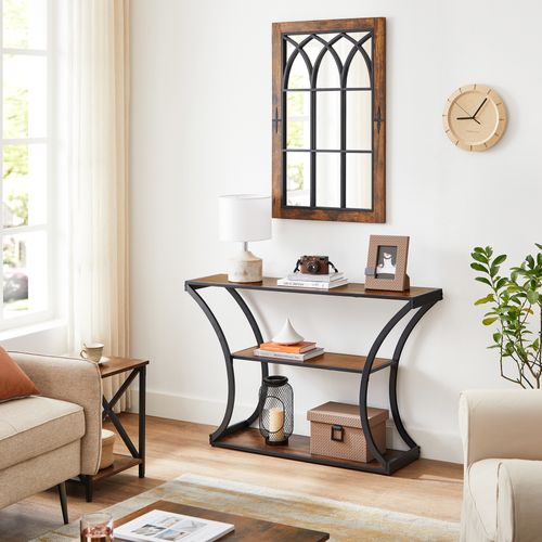 Table Console, Pieds Courbés, Dessus De Table Allongé,  Marron Rustique Et Noir