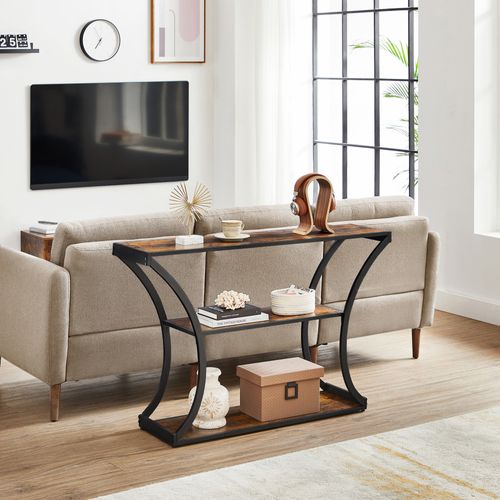 Table Console, Pieds Courbés, Dessus De Table Allongé,  Marron Rustique Et Noir