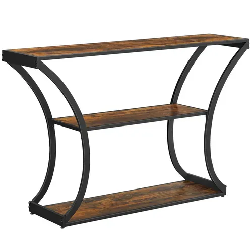 Table Console, Pieds Courbés, Dessus De Table Allongé,  Marron Rustique Et Noir