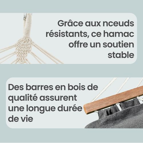 Lit Hamac D’extérieur Avec Barres En Bois Et 2 Oreillers, Gris