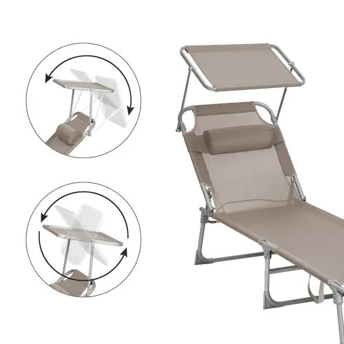 Chaise Longue, Avec Appui-tête, Dossier Et Parasol Inclinables, Léger, Pliable, Charge 150 Kg, Taupe