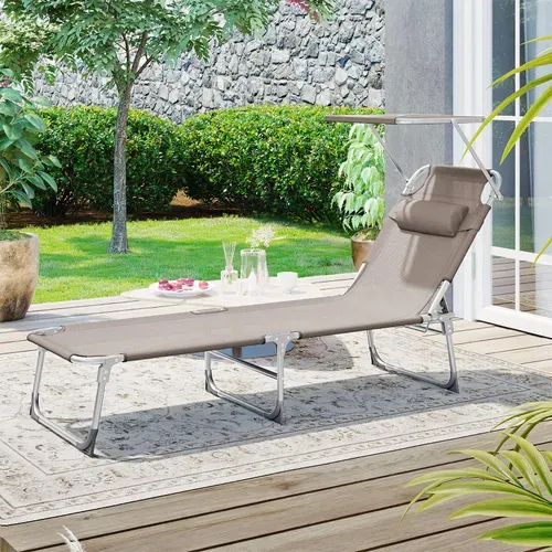 Chaise Longue, Avec Appui-tête, Dossier Et Parasol Inclinables, Léger, Pliable, Charge 150 Kg, Taupe