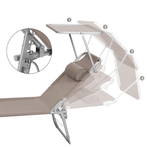 Chaise Longue, Avec Appui-tête, Dossier Et Parasol Inclinables, Léger, Pliable, Charge 150 Kg, Taupe
