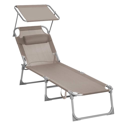 Chaise Longue, Avec Appui-tête, Dossier Et Parasol Inclinables, Léger, Pliable, Charge 150 Kg, Taupe