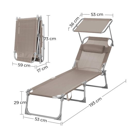 Chaise Longue, Avec Appui-tête, Dossier Et Parasol Inclinables, Léger, Pliable, Charge 150 Kg, Taupe