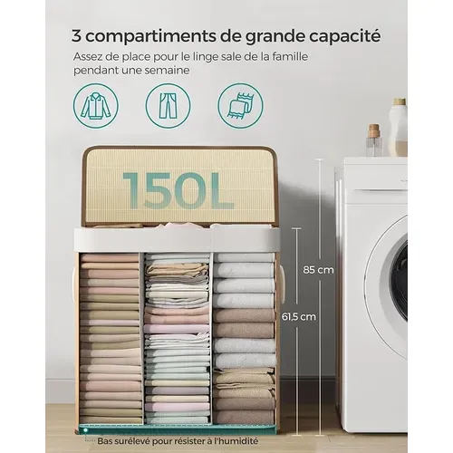 Panier à Linge 158L 3 Compartiments Avec Couvercle - Tissu Oxford 600D Beige, Sacs Amovibles Et Poche Avant