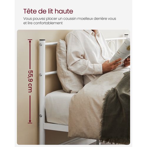 Lit 140 X 190 Cm, Structure De Lit En Métal, Blanc