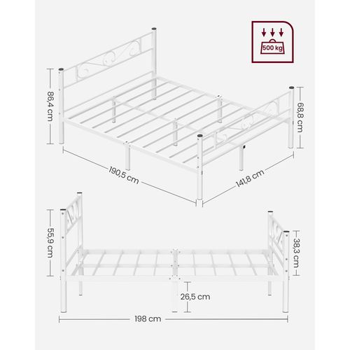 Lit 140 X 190 Cm, Structure De Lit En Métal, Blanc