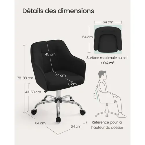 Fauteuil De Bureau, Chaise Pivotante Confortable, Réglable En Hauteur, Noir