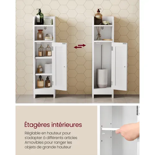 Armoire De Salle De Bain, Étagères Réglables, 1 Porte, 18 X 20 X 80 Cm, Blanc