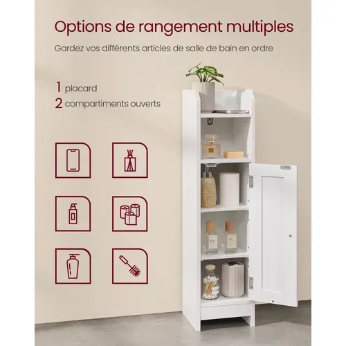 Armoire De Salle De Bain, Étagères Réglables, 1 Porte, 18 X 20 X 80 Cm, Blanc